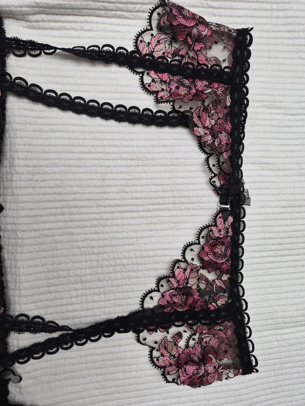 For Love And Lemons Black Sheer Bra & Garter Set with Pink Floral Embroidery